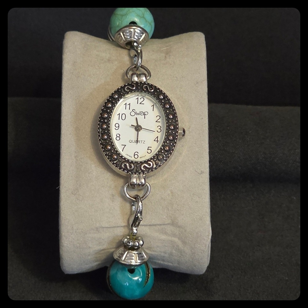 Beehive Swap Watch Women OS Turquoise Beaded Stretch Bracelet Jewelry